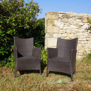 Fauteuils de jardin d'occasion en résine tressée vendus par 2, usage extérieur toute l'année