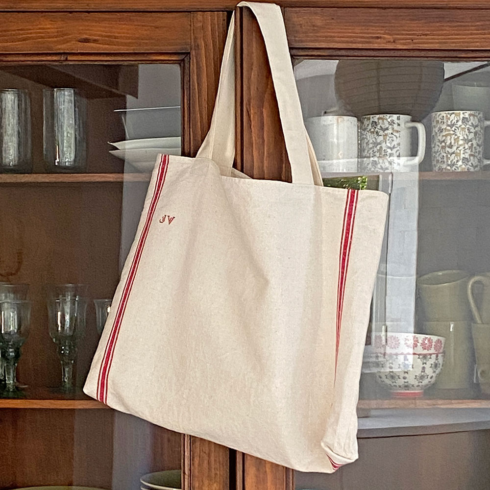 Sac shopping cousu main torchon ancien en lin