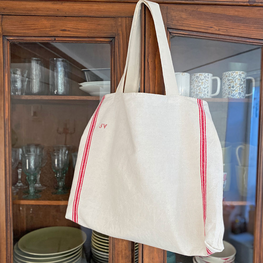Sac shopping cousu main torchon ancien en lin