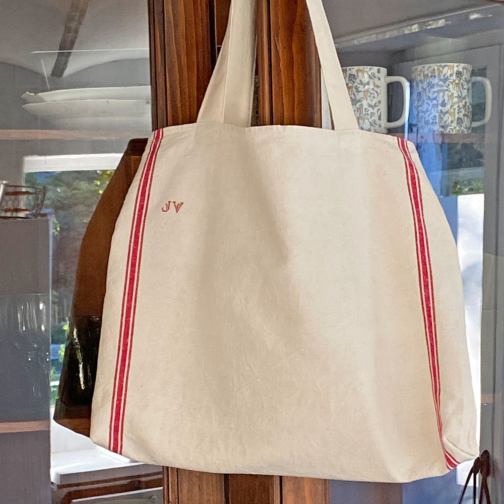 Sac shopping cousu main torchon ancien en lin