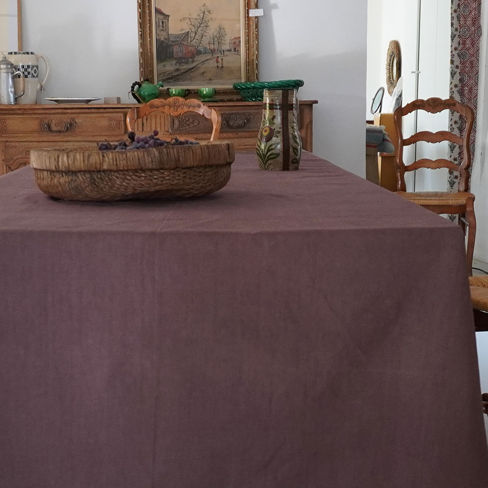 Drap ancien en métis lin coton couleur brun chocolat brodé