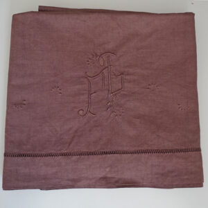 Drap ancien en métis lin coton couleur brun chocolat brodé