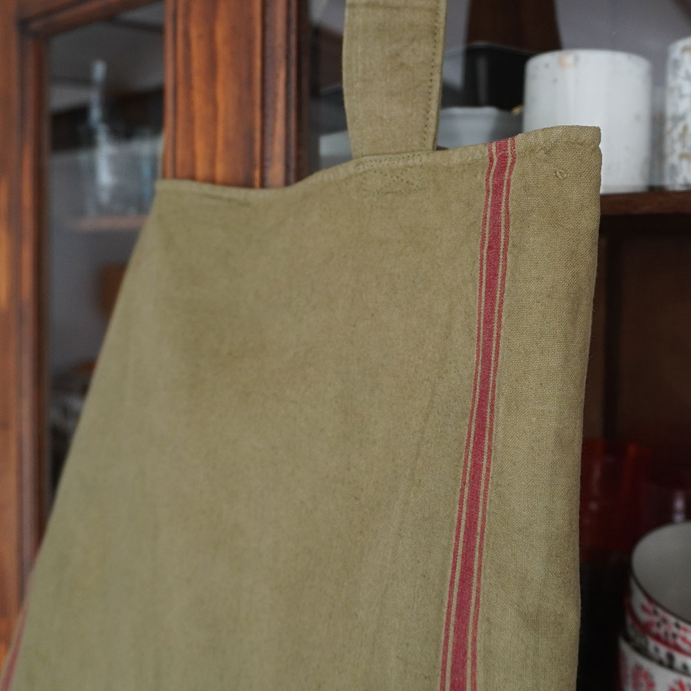 Sac shopping cousu main torchon ancien vintage en métis lin teint kaki